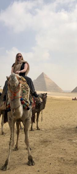 Cheyenne Stice on Camel at Pyramids